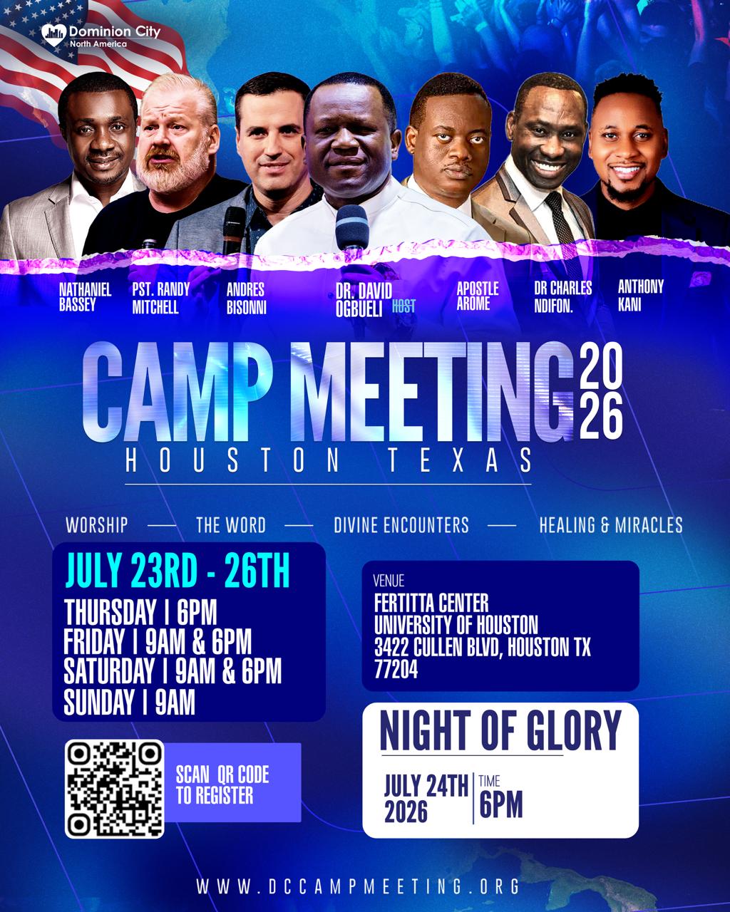 Camp Meeting 2026 official event flyer — July 23-26 Houston Texas