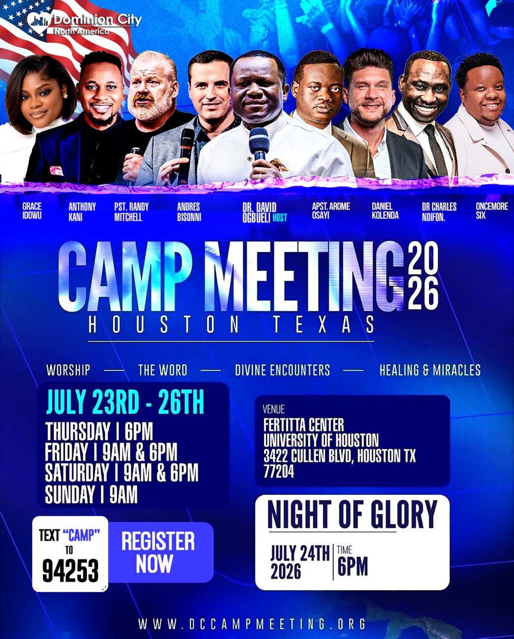Camp Meeting 2026 official event flyer — July 23-26 Houston Texas